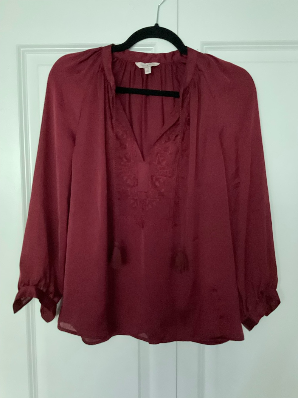 Lucky Brand Burgundy V-Neck Tie Blouse